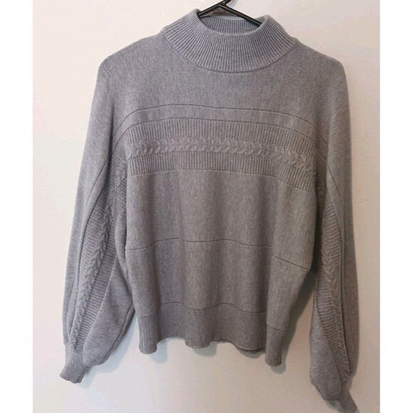 Elie Tahari Mock Neck Cable Knit  Pullover Sweater Long Sleeves Gray Sz L - Picture 1 of 12